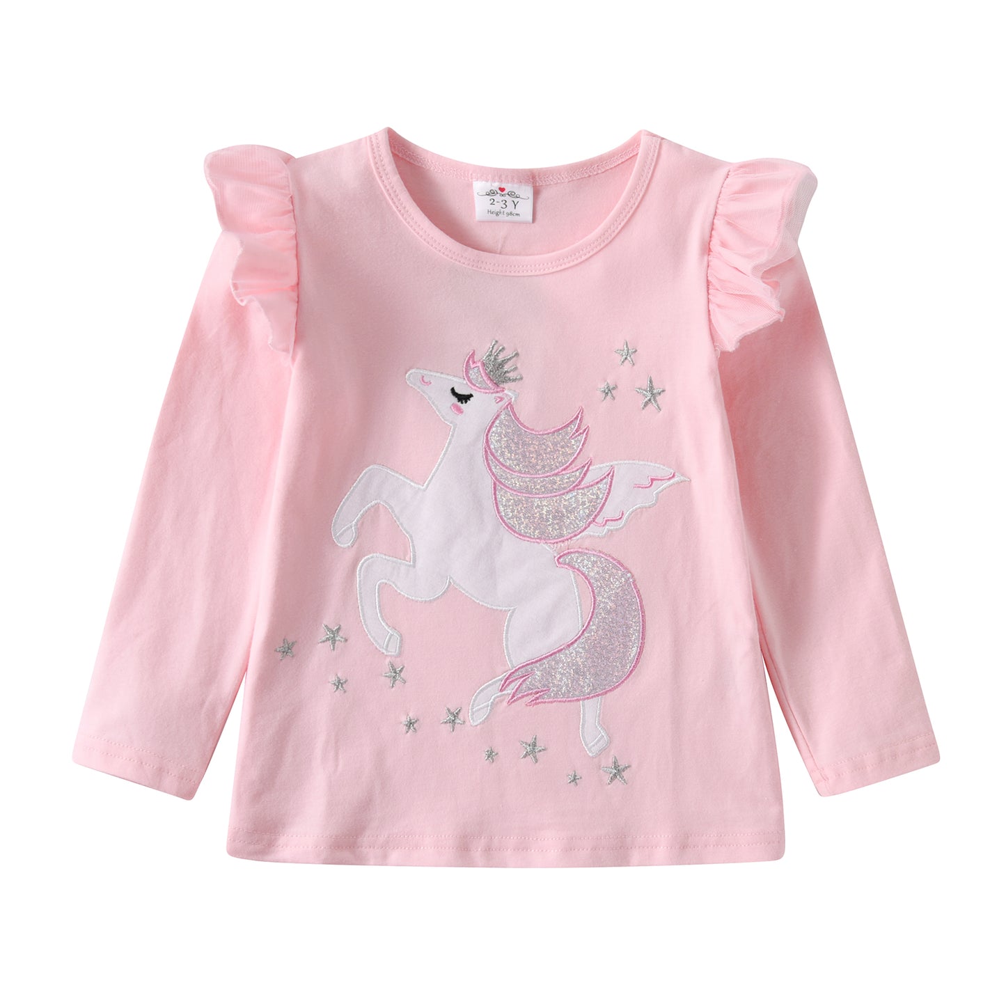 Embroidered Unicorn Star Ruffle Long Sleeve Pink Sweatshirt for 3-8T Girl Toddler