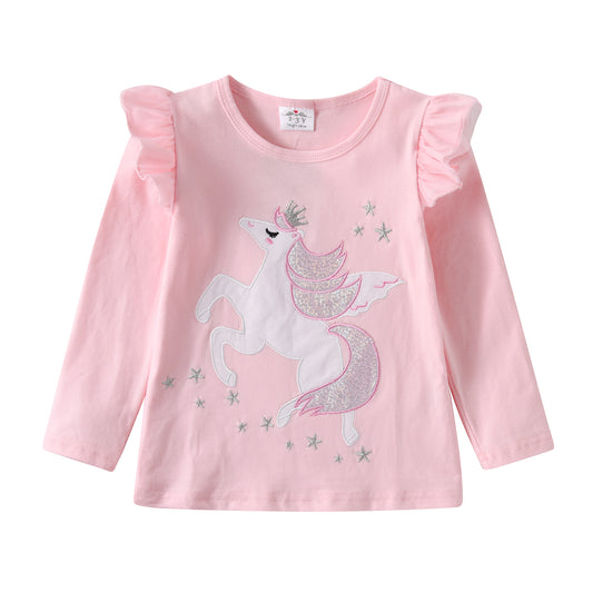 Embroidered Unicorn Star Ruffle Long Sleeve Pink Sweatshirt for 3-8T Girl Toddler