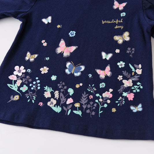 Butterfly Print Ruffle Long Sleeve Blue Cosy Sweatshirt for Girl Toddler