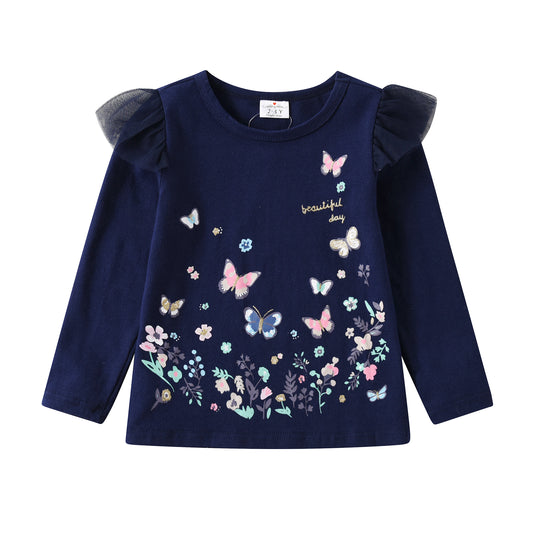 Butterfly Print Ruffle Long Sleeve Blue Cosy Sweatshirt for Girl Toddler