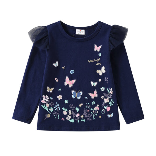 2pcs Girls Long Sleeve T-Shirts Set Butterfly Print Ruffle Cosy Sweatshirt for Girl Toddler