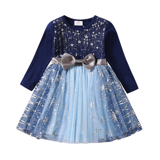 Christmas Snowflake & Star Bowknot Girl Toddler Long Sleeve Tutu Dress 3-8T
