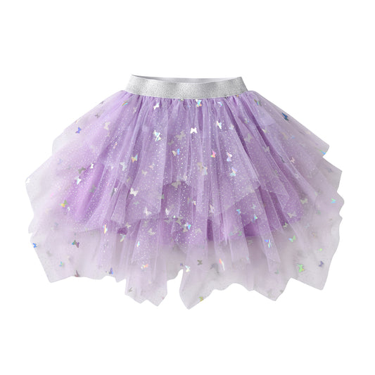 3-8T Purple Sequin Butterfly Gathered Tulle Skirt for Party Brithday