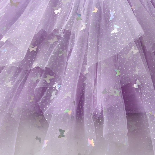 3-8T Purple Sequin Butterfly Gathered Tulle Skirt for Party Brithday