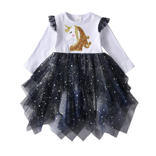 Sequins Unicorn Tiered Twinkle Long Sleeve Tutu Dress for Girl Toddler 3-8T