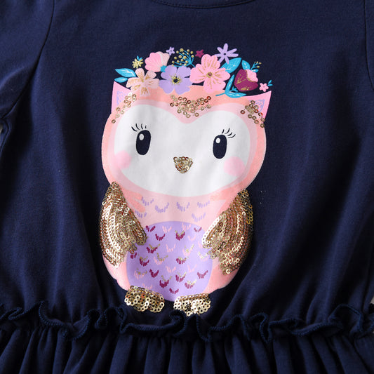 2Y-8Y Girls Long Sleeve Dress Sequins Bird Pattern Casual Dress for Girls Toddler
