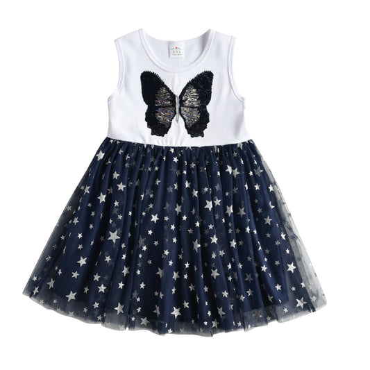 Butterfly Beads Pattern Star Tulle Lovely Daily School Toddler Girl Dress