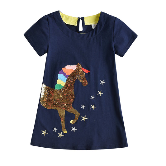 Unicorn Beads Pattern A-line Girls Tollder Dress Casual Cotton Kids Dress