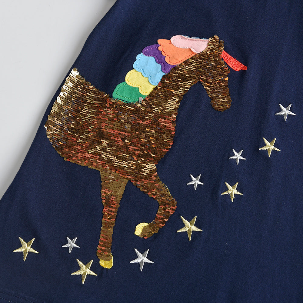 Unicorn Beads Pattern A-line Girls Tollder Dress Casual Cotton Kids Dress