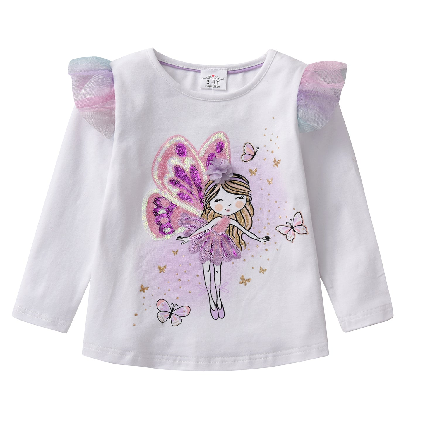 2PCS Girls Long Sleeve T-Shirts Set Butterfly Sequined Top + Little Fairy Sequins Top