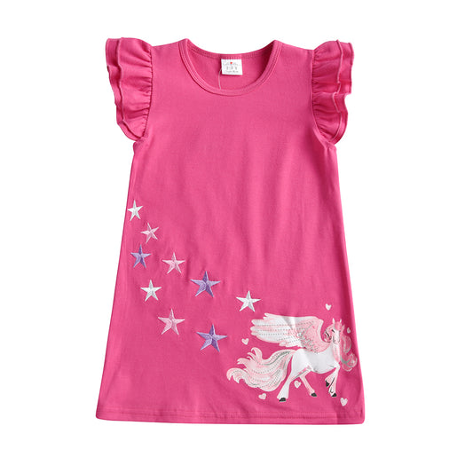 Unicorn with Star Pattern A-Line Casual Cotton Toddler Girl Short Sleeve Dress