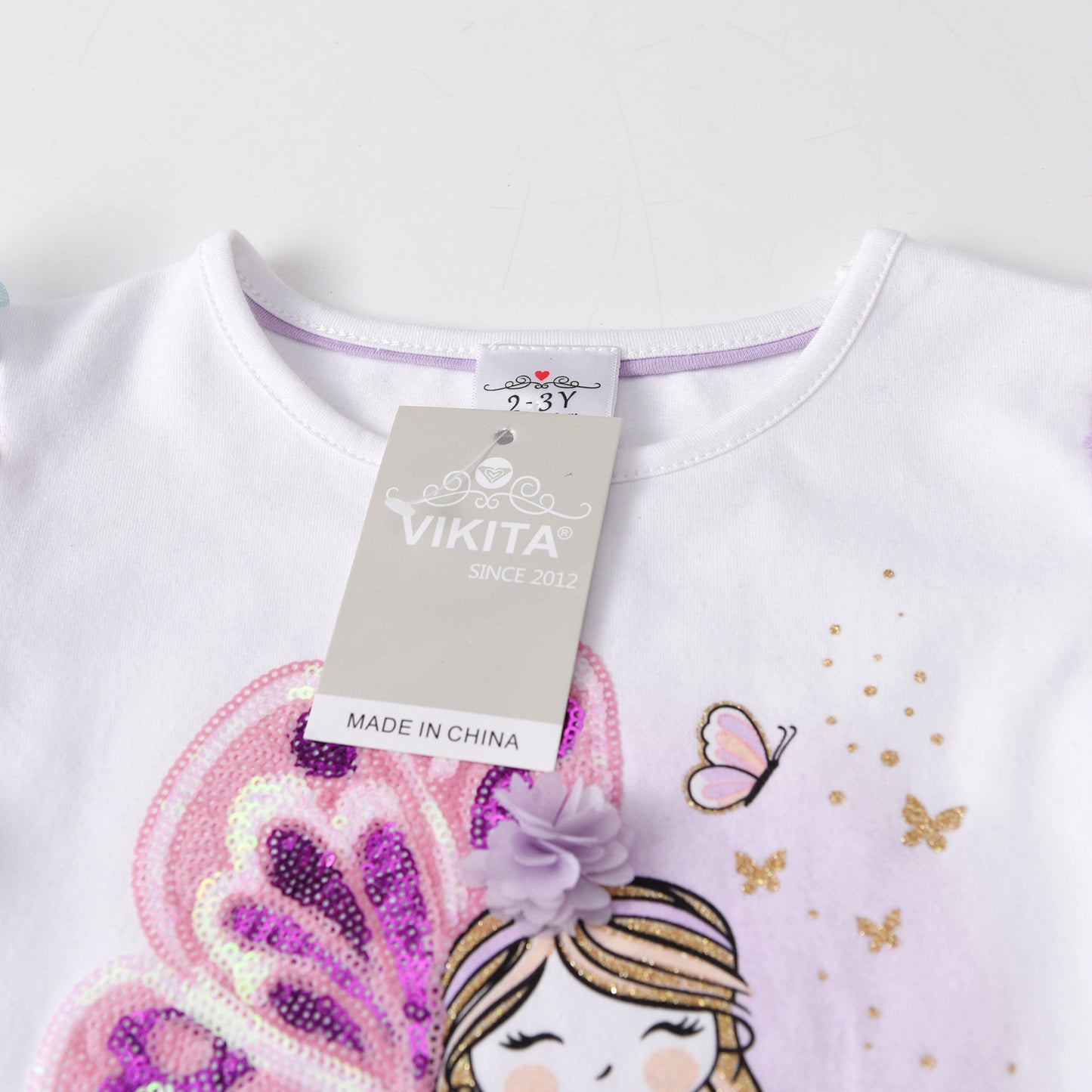2PCS Girls Long Sleeve T-Shirts Set Butterfly Sequined Top + Little Fairy Sequins Top