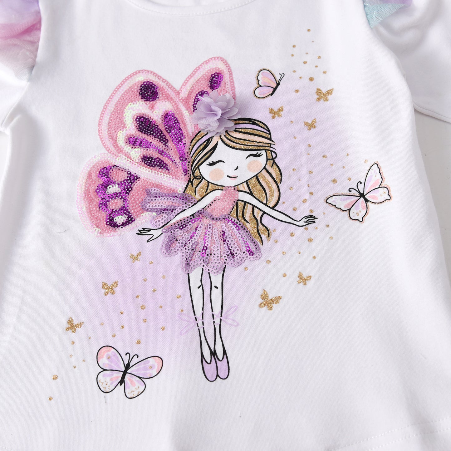 2PCS Girls Long Sleeve T-Shirts Set Butterfly Sequined Top + Little Fairy Sequins Top