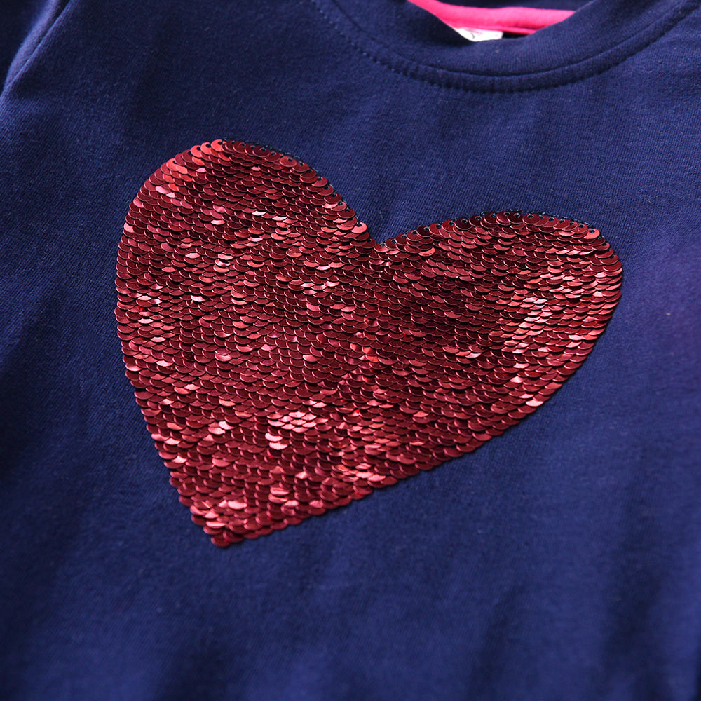 Sequins Love Heart Pattern Gathered Tiered Tulle Girl Toddler Long Sleeve Tutu Dress