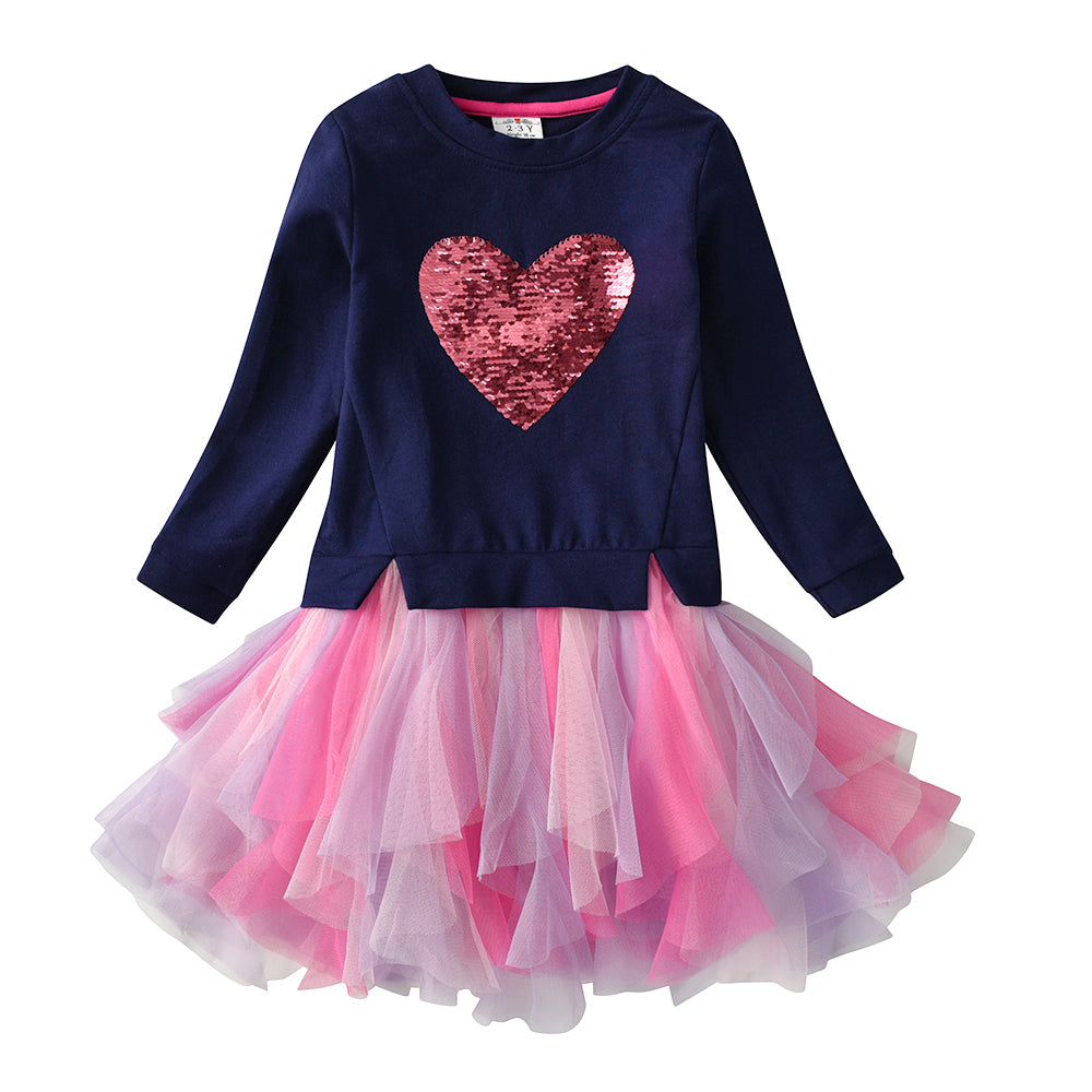 Sequins Love Heart Pattern Gathered Tiered Tulle Girl Toddler Long Sleeve Tutu Dress
