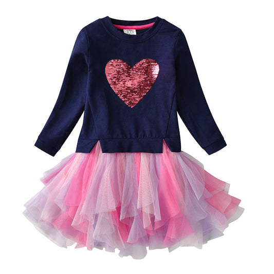 Sequins Love Heart Pattern Gathered Tiered Tulle Girl Toddler Long Sleeve Tutu Dress