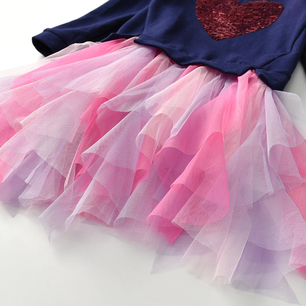 Sequins Love Heart Pattern Gathered Tiered Tulle Girl Toddler Long Sleeve Tutu Dress