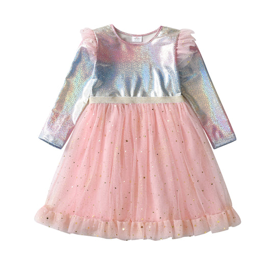 3-8T Rainbow Star Pink Tulle Ruffle Gril Toddler Tutu Dress