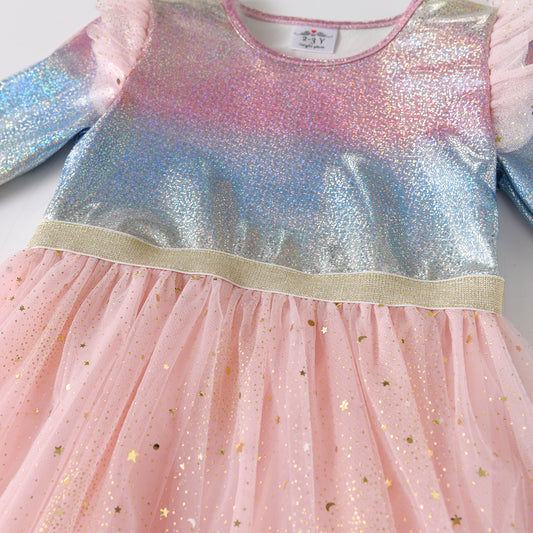 3-8T Rainbow Star Pink Tulle Ruffle Gril Toddler Tutu Dress