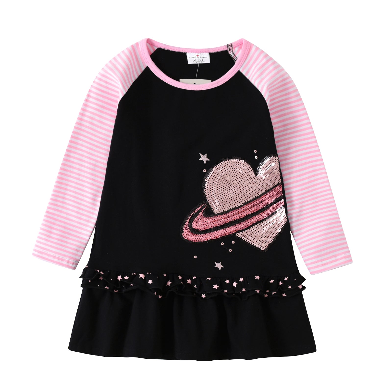 VIKITA Sequins Love Heart Ruffle Stripe Long Sleeve A Line Casual Dress
