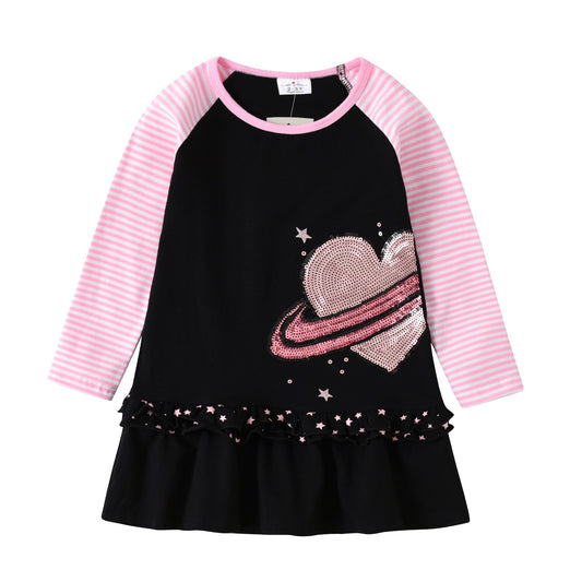 VIKITA Sequins Love Heart Stripe A Line Casual Dress + Love Print Skinny Leggings Pants 2pcs Set