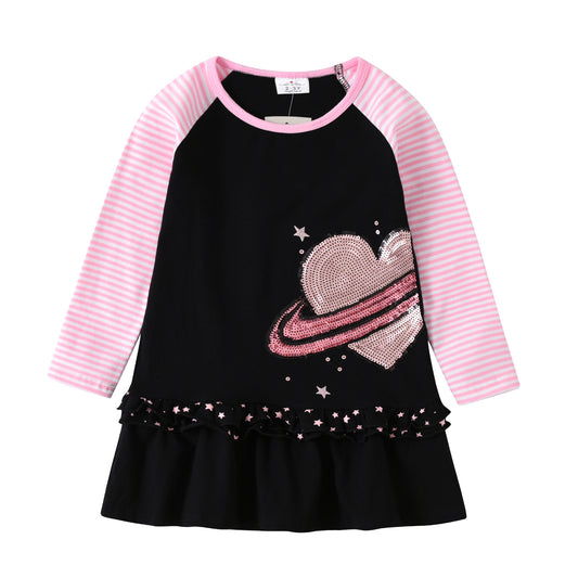 VIKITA Sequins Love Heart Ruffle Stripe Long Sleeve A Line Casual Dress