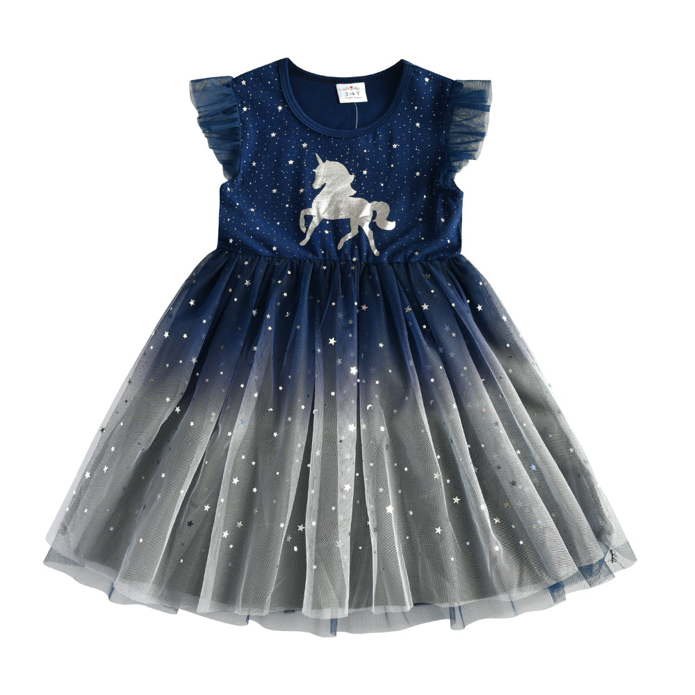 Unicorn Pattern Starry Sky Tutu Dress Toddler Brithday Party Prom Dress 3-8T