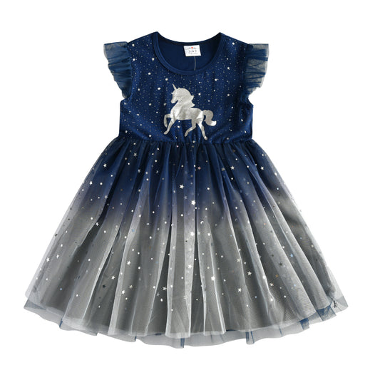 Unicorn Pattern Starry Sky Tutu Dress Toddler Brithday Party Prom Dress 3-8T