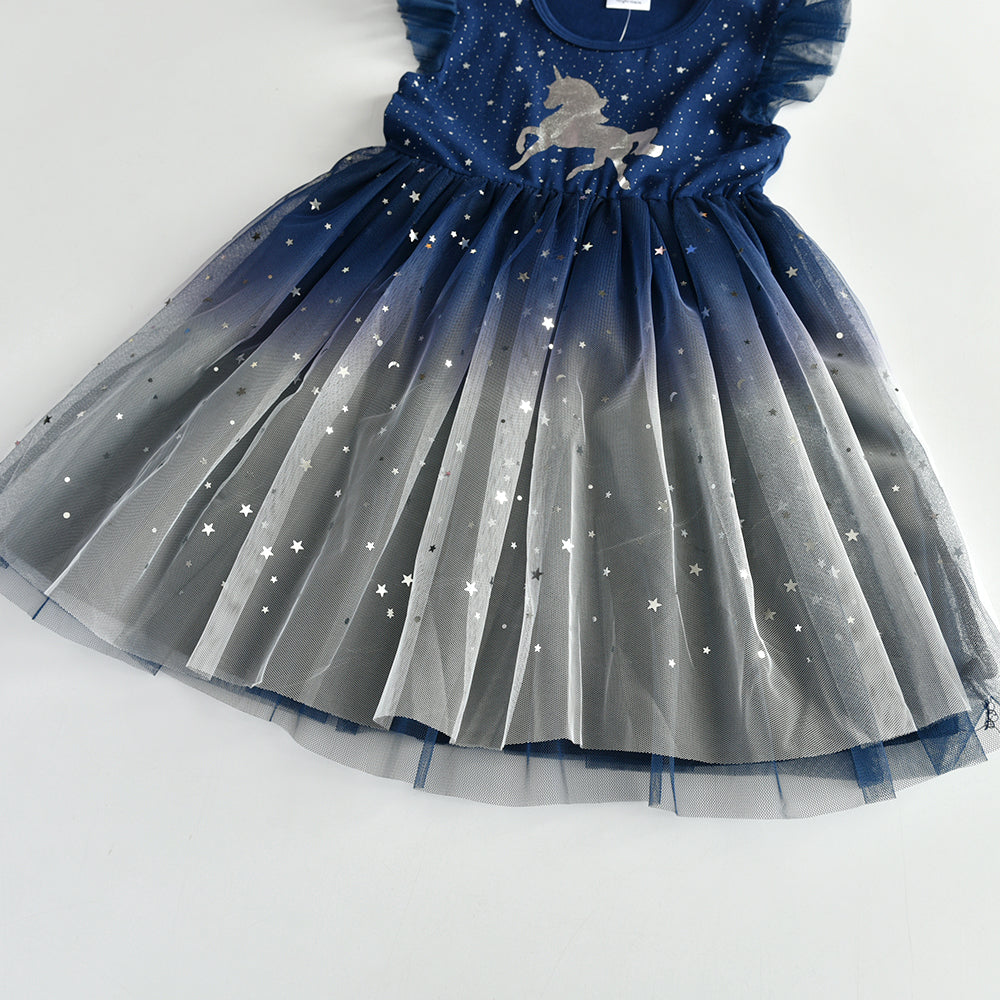 Unicorn Pattern Starry Sky Tutu Dress Toddler Brithday Party Prom Dress 3-8T