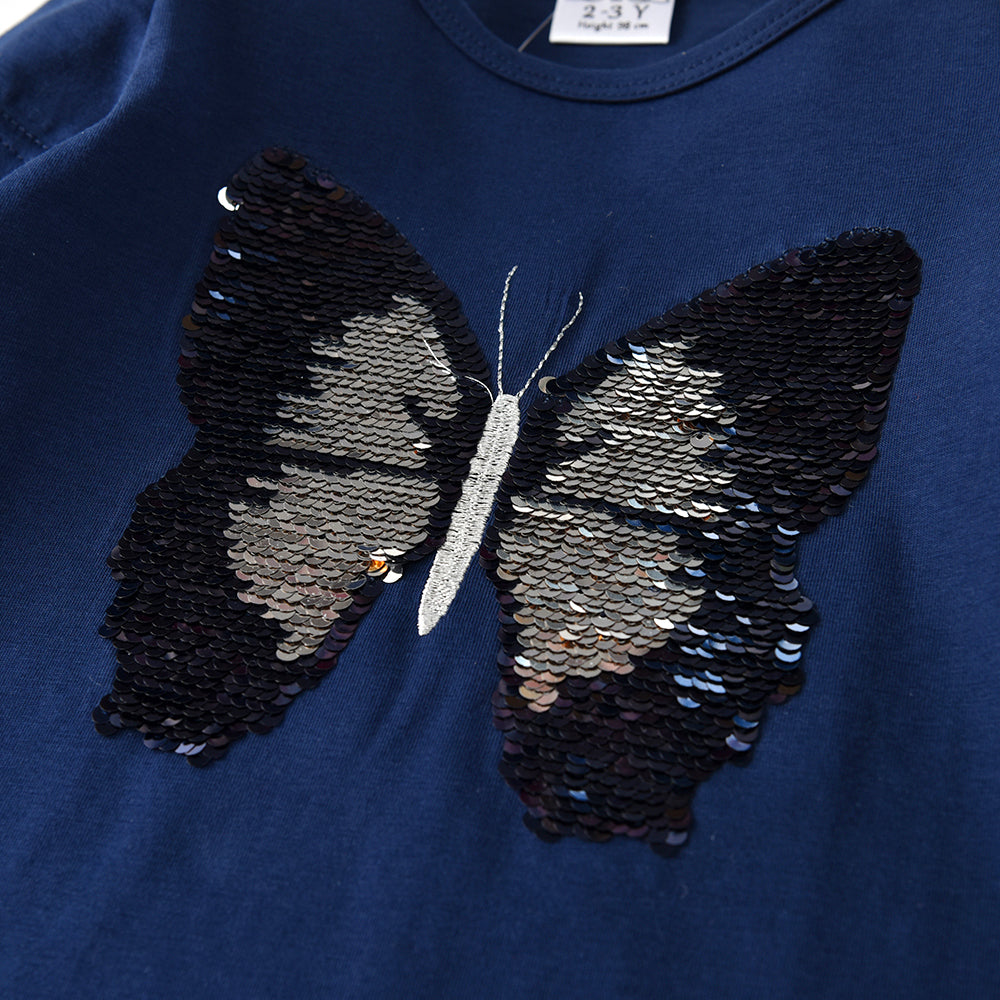 2Y-8Y Girls Long Sleeve T-Shirt Sequins Butterfly Stripe Blue Casual Top