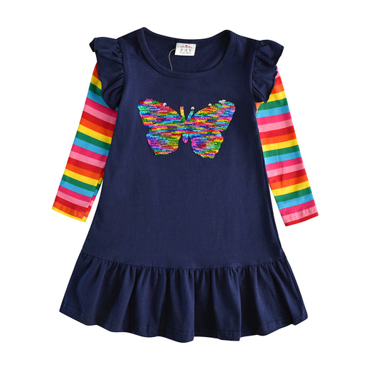 Butterfly Sequined Rainbow Long Sleeve Cotton Toddler Girl Casual Dress