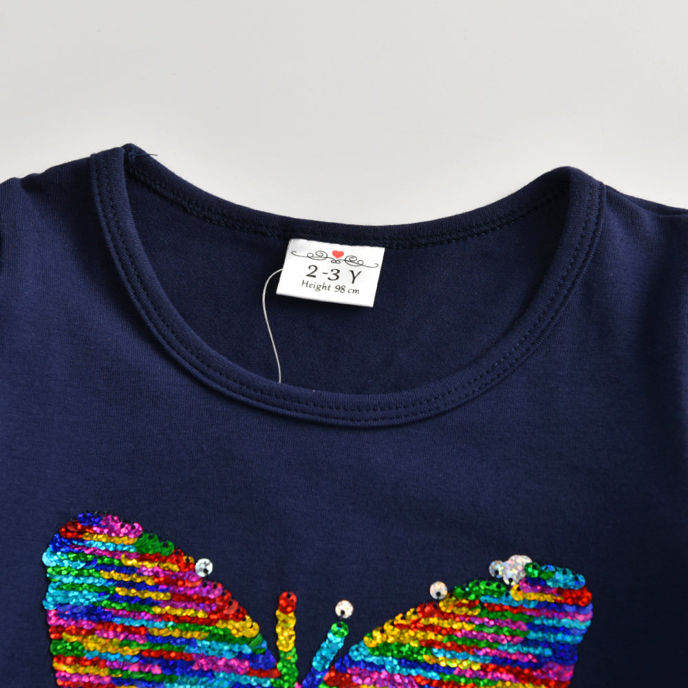 Butterfly Sequined Rainbow Long Sleeve Cotton Toddler Girl Casual Dress