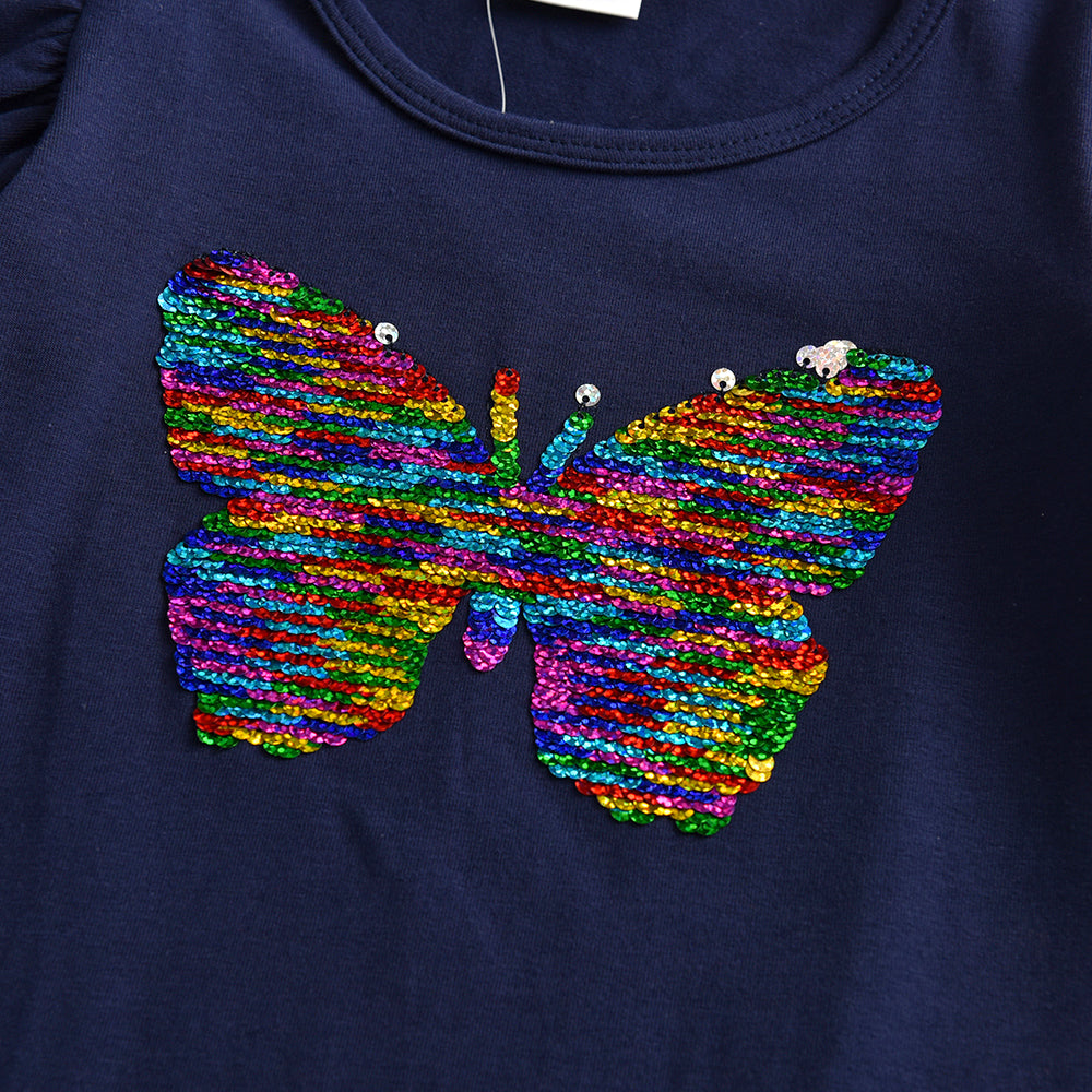 Butterfly Sequined Rainbow Long Sleeve Cotton Toddler Girl Casual Dress