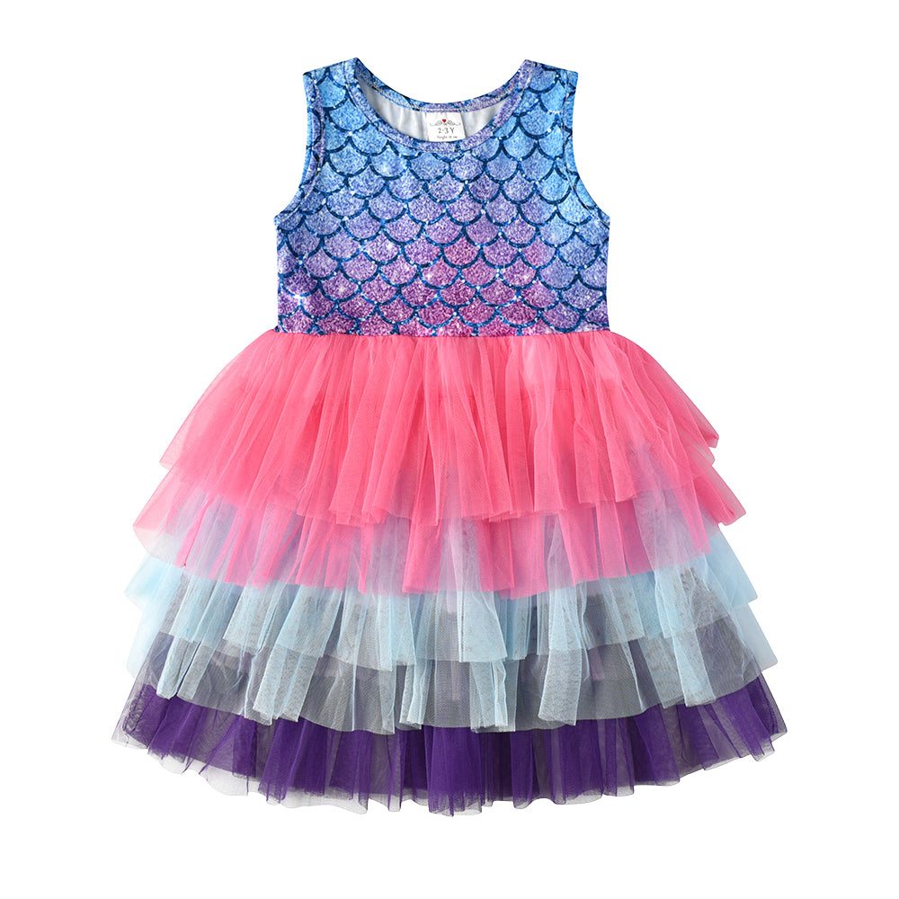 Princess Mermaid Printed Toddler Tutu Girl Layered Dress for Brithday Party