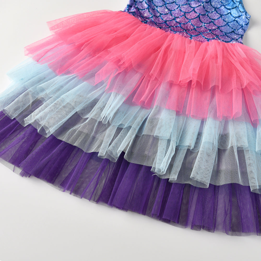 Princess Mermaid Printed Toddler Tutu Girl Layered Dress for Brithday Party