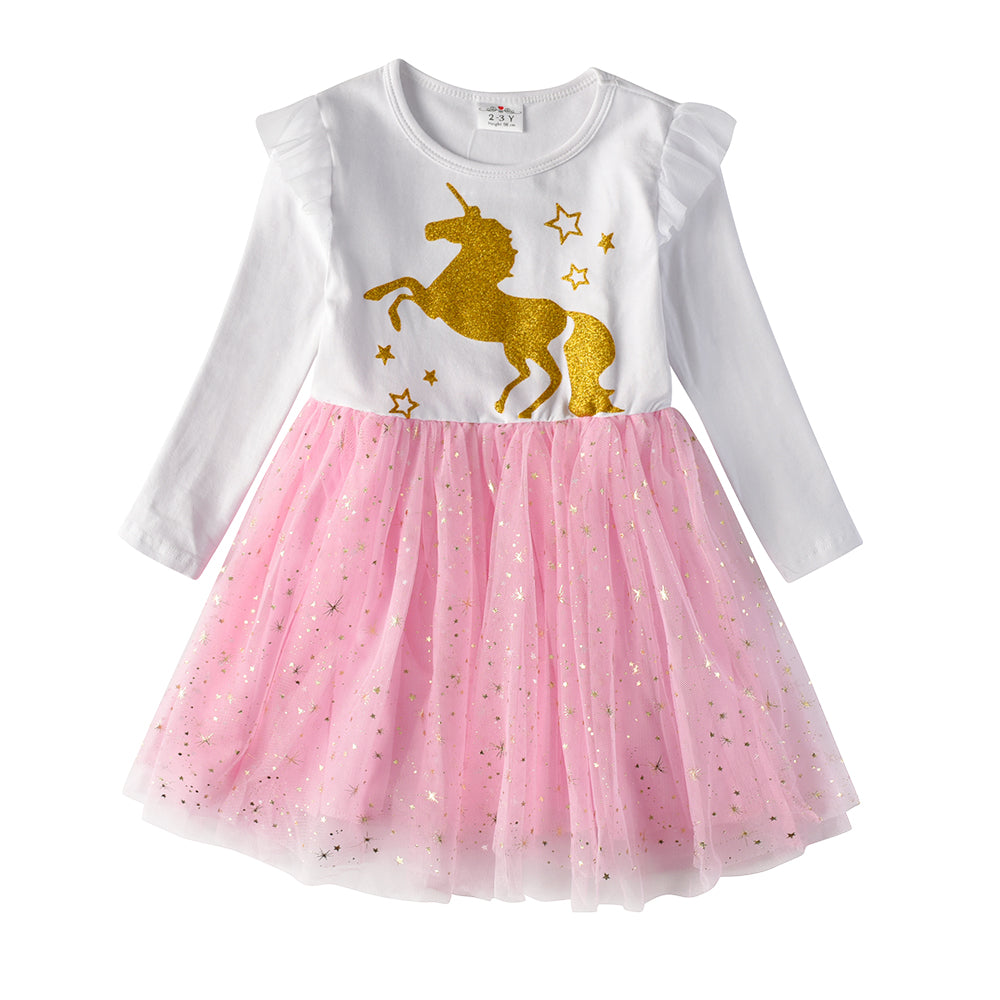 2Y-12Y Girls Tutu Dress Sparkle Unicorn Star Glitter Tulle Long Sleeve Girls Dress