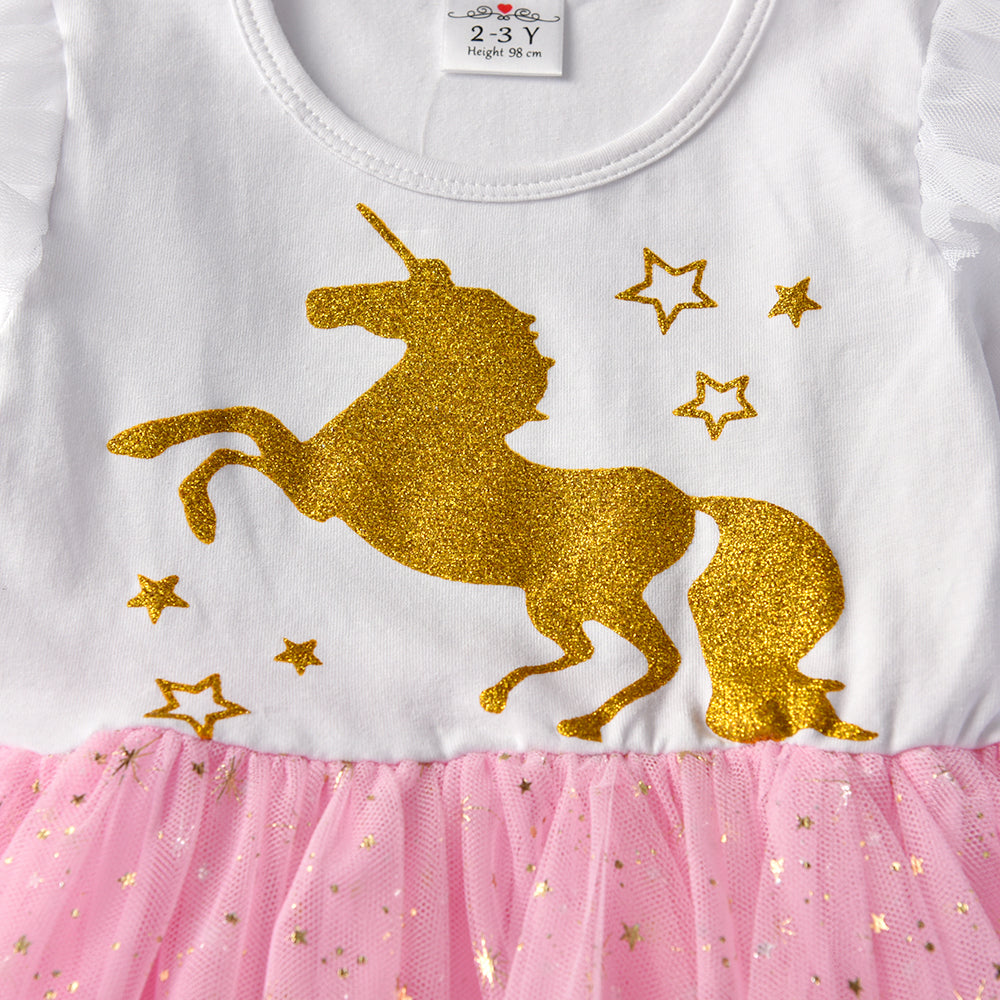 2Y-12Y Girls Tutu Dress Sparkle Unicorn Star Glitter Tulle Long Sleeve Girls Dress