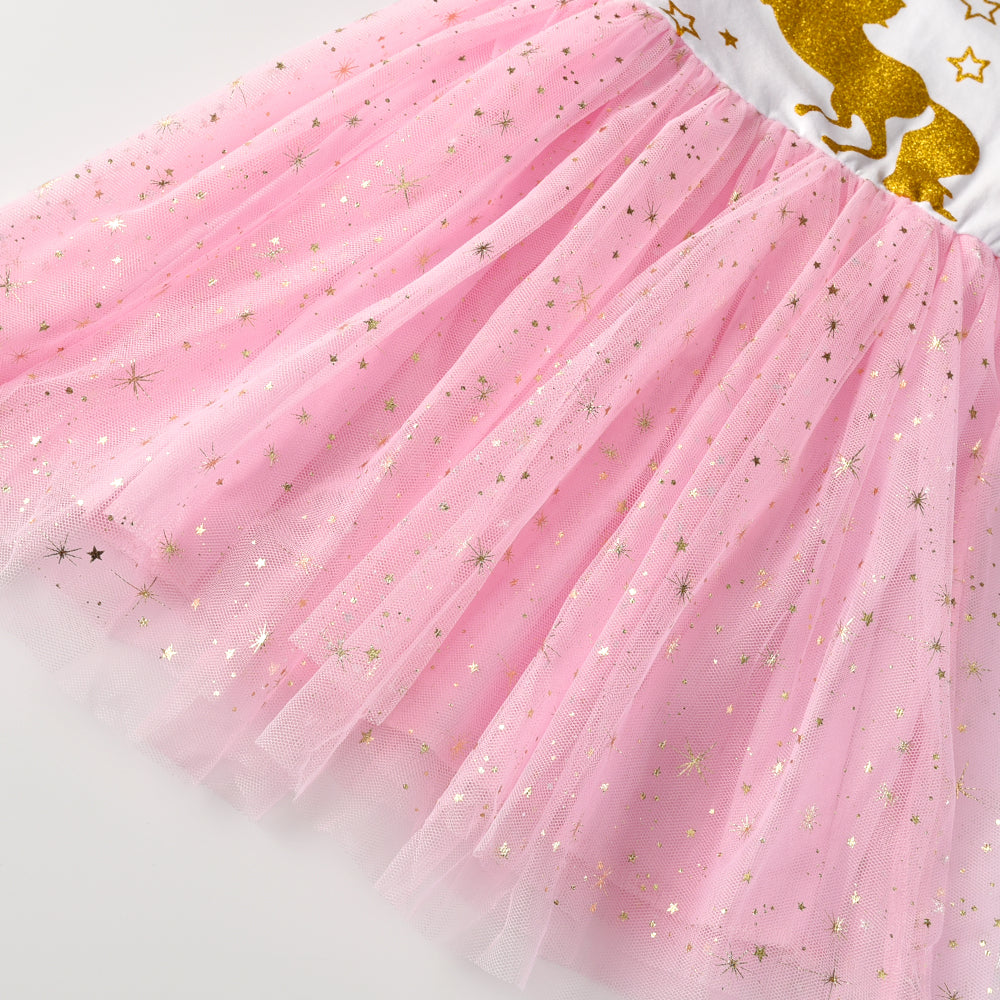 2Y-12Y Girls Tutu Dress Sparkle Unicorn Star Glitter Tulle Long Sleeve Girls Dress