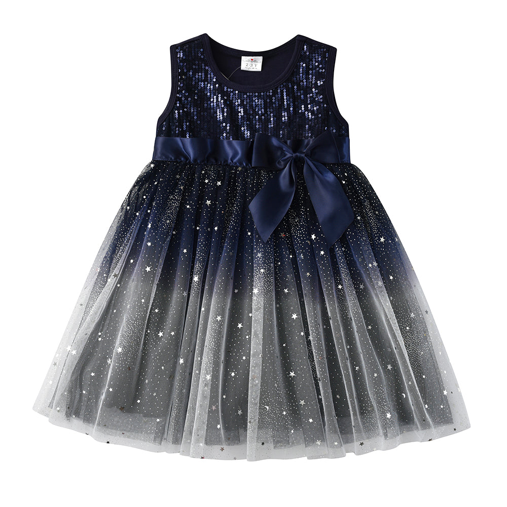 Girls Summer Dress Blue Sequins Elegant Princess Tutu Dress with Bowknot