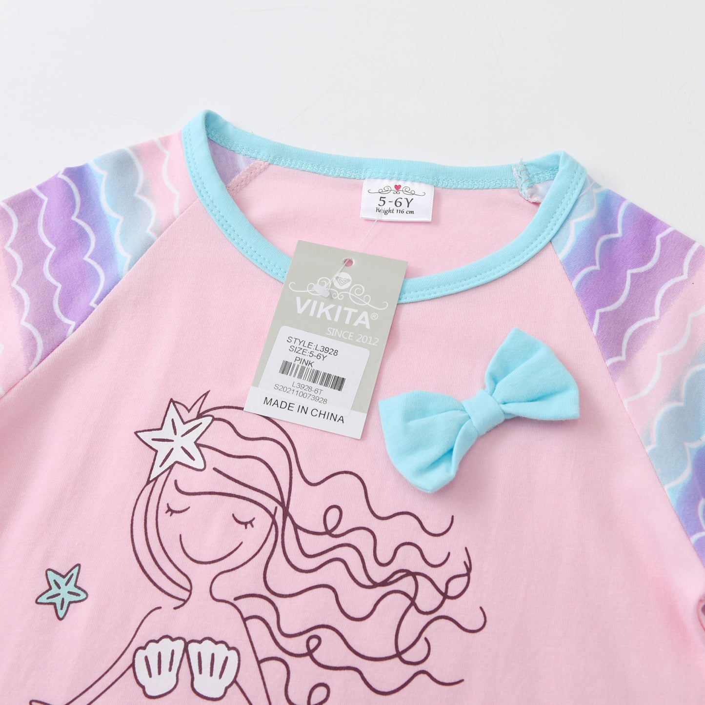 2-8Y Cute Mermaid Print Long Sleeve Ruffle Cotton T-Shirt for Girls Toddler