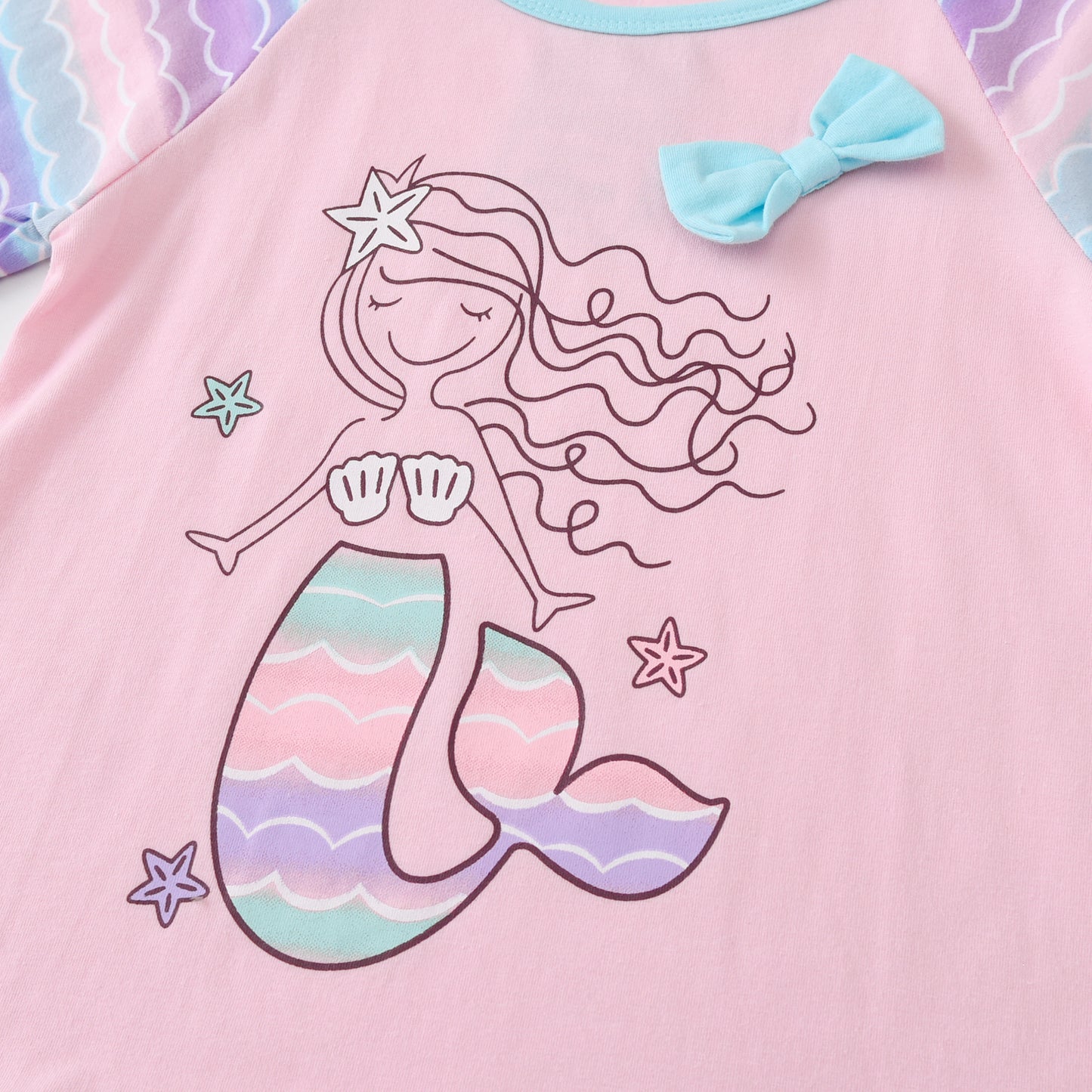 2-8Y Cute Mermaid Print Long Sleeve Ruffle Cotton T-Shirt for Girls Toddler