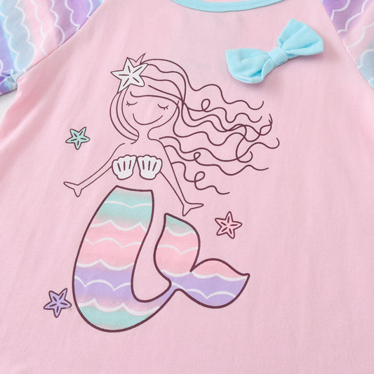 2-8Y Cute Mermaid Print Long Sleeve Ruffle Cotton T-Shirt for Girls Toddler