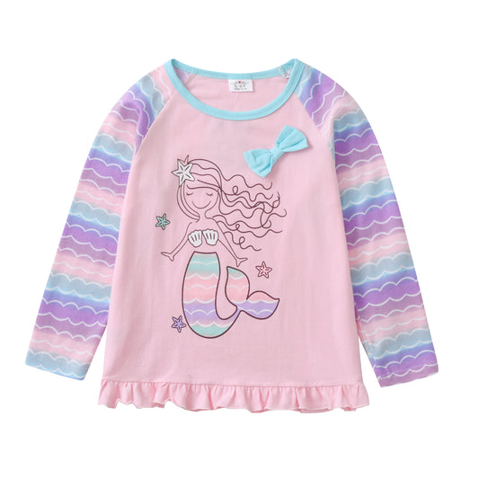 2-8Y Cute Mermaid Print Long Sleeve Ruffle Cotton T-Shirt for Girls Toddler