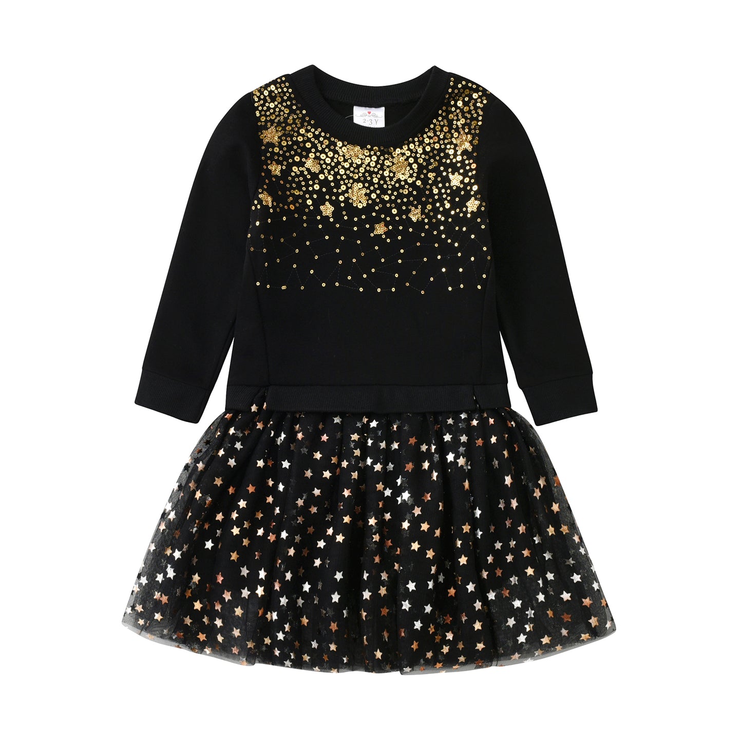 2Y-8Y Christmas Star Sequins Black Sweater Tulle Dress for Girls Toddler
