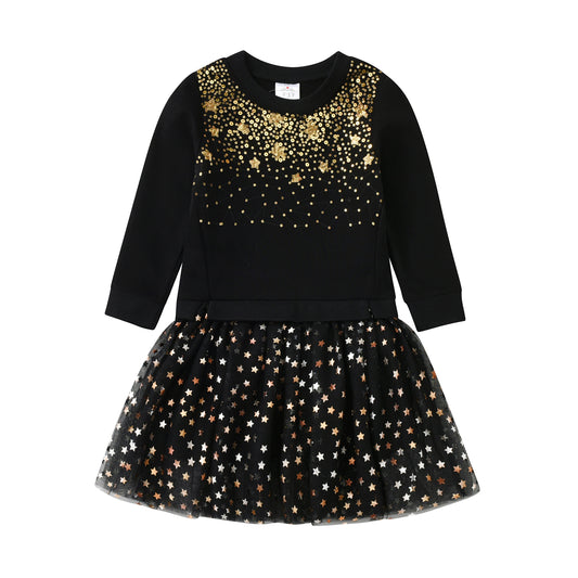 2Y-8Y Christmas Star Sequins Black Sweater Tulle Dress for Girls Toddler