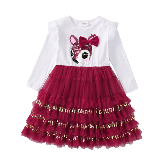 2Y-8Y Little Fox Sequins Red Layered Tulle Girls Toddler Dress