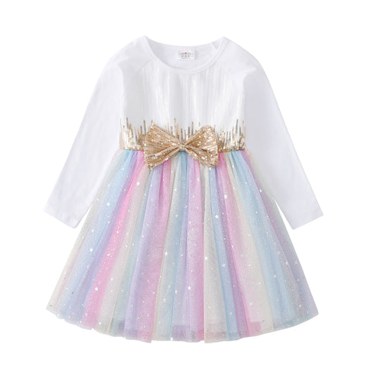2Y-8Y Rainbow Star Tulle Bowknot Sequins Girls Toddler Tutu Dress