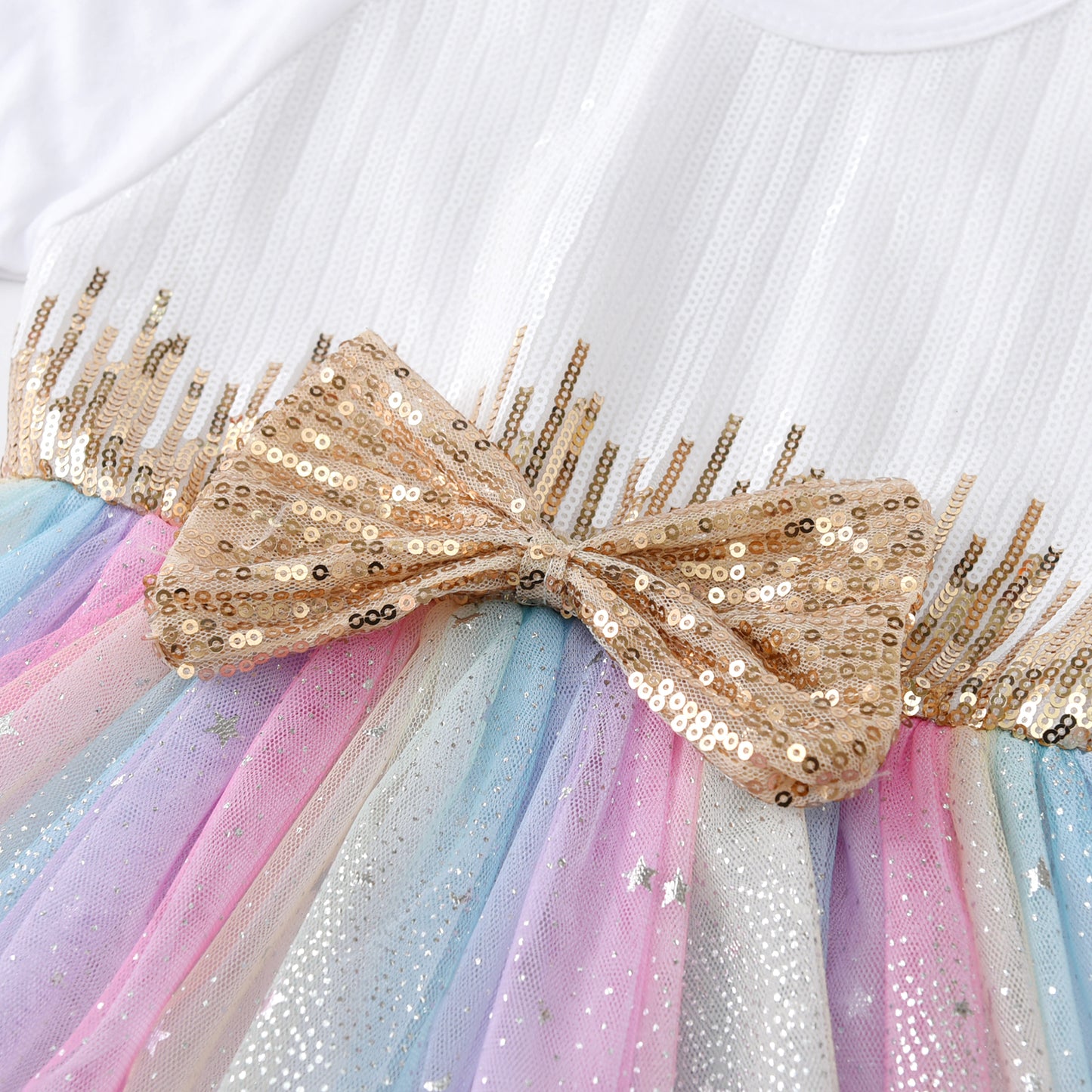 2Y-8Y Rainbow Star Tulle Bowknot Sequins Girls Toddler Tutu Dress