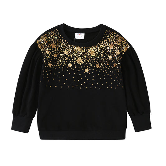 2-8Y Bling Star Sequins Girls Toddler Winter Black Sweter Pullover
