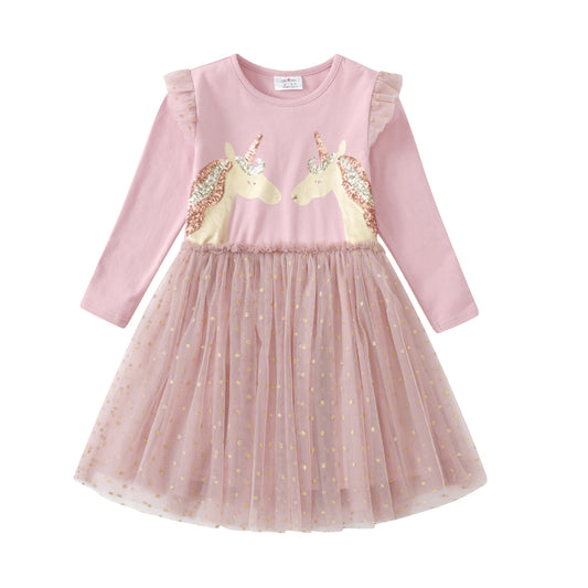 2Y-8Y Double Unicorn Sequins Pink Tutu Dress for Girls Toddler